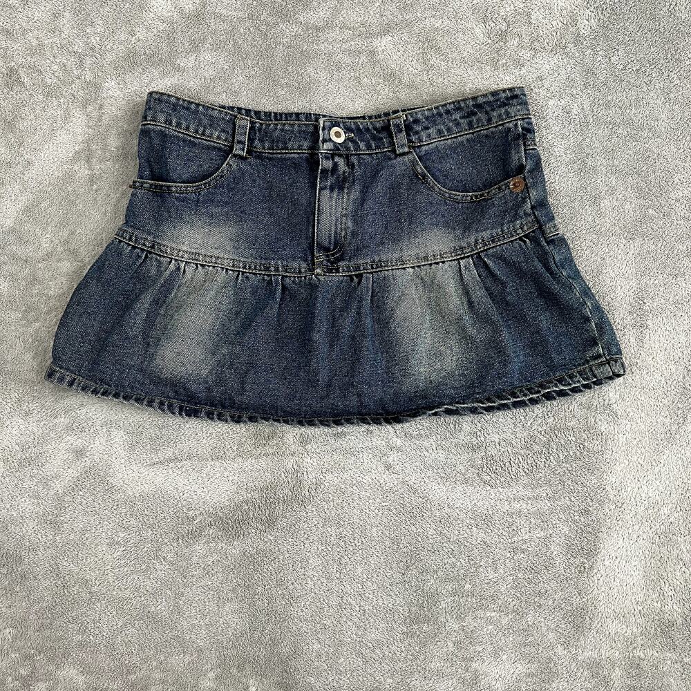 Vintage Y2K Japanese Micro Mini Denim Skirt Womens M Ruffle Hem